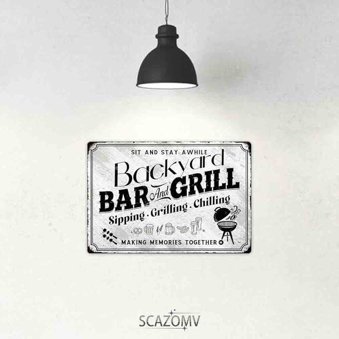 SCAZOMV Backyard Bar & Grill Metal Sign - Indoor/Outdoor Patio Signs For Backyard - Funny Signs For Home Barbecue And Grill Decor, Bar Signs For Home Bar, Backyard Bar Patio Accessories