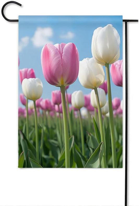 Gkyygk Tulips Flower Welcome Banners Garden Flag Pink White Double Sided 12x18 Inches Farmhouse Holiday Outside Decorations Burlap Yard Flag