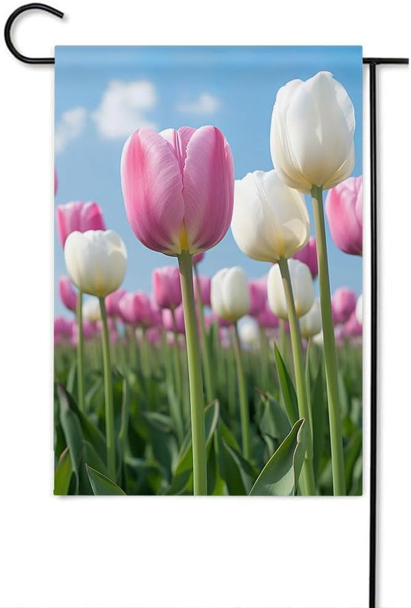 Gkyygk Tulips Flower Welcome Banners Garden Flag Pink White Double Sided 12x18 Inches Farmhouse Holiday Outside Decorations Burlap Yard Flag