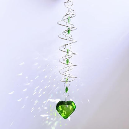 Big Heart Crystal Sun Catchers for Windows Hanging, Double-Spiral Design Gazing Ball Spiral Tail, Rainbow Maker Prism, Sun Catchers Indoor Window for Kitchen, Patio, Porch, Garden(Green)