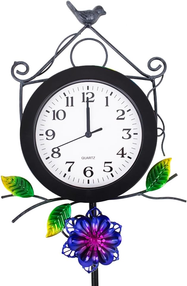 Outdoor Clock with Garden Stake, Flower Birdhouse Outdoor Wall Clock Waterproof, Silent No-Ticking Outdoor Clocks for Garden, Patio, Yard, Fence