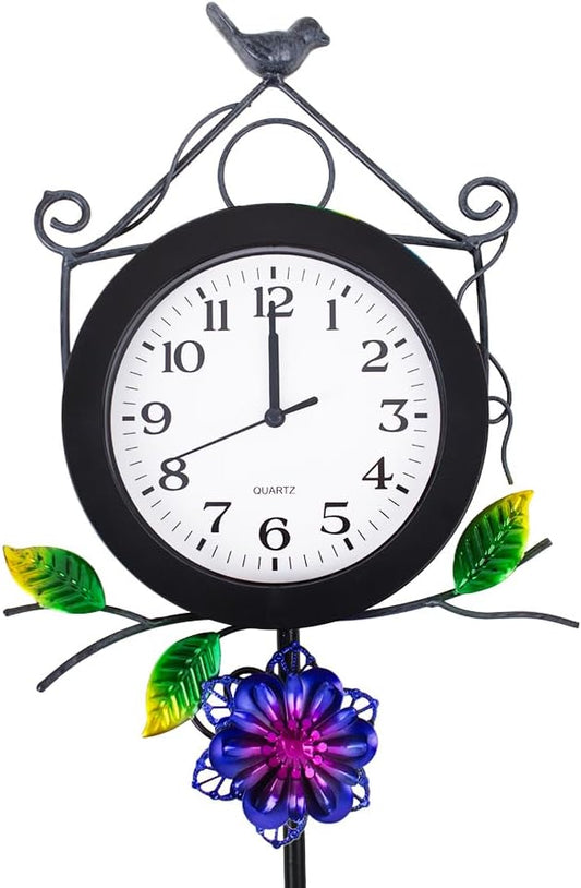 Outdoor Clock with Garden Stake, Flower Birdhouse Outdoor Wall Clock Waterproof, Silent No-Ticking Outdoor Clocks for Garden, Patio, Yard, Fence