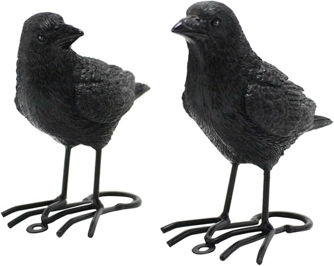 Set of 2 Garden Crow Statues Outdoor Decor for Tree, Resin Bird Figurines Tree Hugger Sculpture Fake Black Raven Decoy Halloween Decoration for Patio Yard, Deck, Fence Ornaments