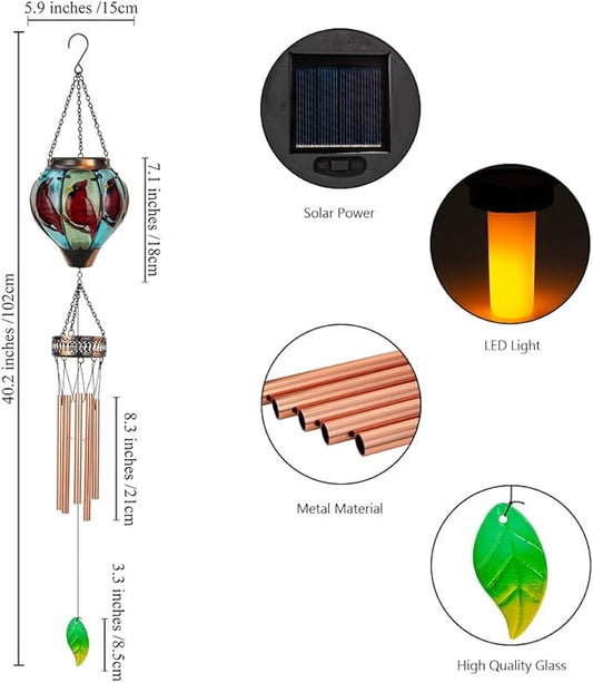 Starsoul Solar Wind Chimes for Outside, Cardinal Hot Air Balloon with Flickering Flame Solar Wind Chime, Glass Windchimes Outdoors Garden Decor, Gift for Mother's Day Mom Grandma