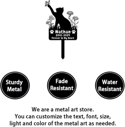 Custom Butterfly Cat Grave Marker Outdoor Metal Memerial Stake, Personalized Cat Memorial Grave Marker with Paws, Customized Flowers Cat Memorial Statue Plaque Garden Stake Cat Headstone