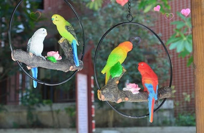 Mini Garden Statues Hanging Iron Ring Parrots, Resin Parrot Hanging Statue, Hanging Birds Figurine for Pathways Yard Patio Office Home Indoor Outdoor Tree Decorations (E)