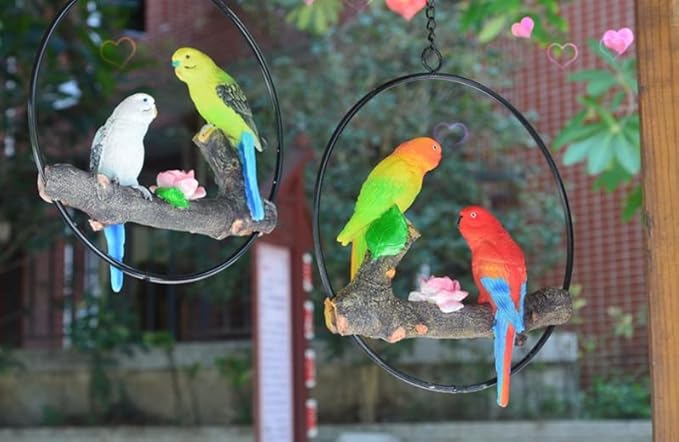 Mini Garden Statues Hanging Iron Ring Parrots, Resin Parrot Hanging Statue, Hanging Birds Figurine for Pathways Yard Patio Office Home Indoor Outdoor Tree Decorations (D-1)