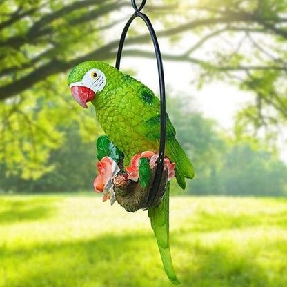 Garden Hanging Parrot Statue Perching On Branch in Metal Round Ring Animal Model Figurine Sculpture Nature Lovers Tropical Bird DIY Lawn Patio Home Sculpture Tree Decor (Green), Natural