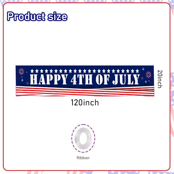 Happy 4th of July Banner 20 * 120inch Decorations Outdoor Patriotic Yard Sign Party Supplies Red White and Blue Stars USA Independence Day Backdrop for Outside Indoor Fence Balcony Garden Decorations