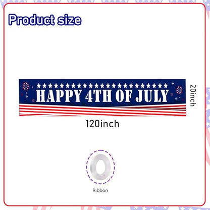 Happy 4th of July Banner 20 * 120inch Decorations Outdoor Patriotic Yard Sign Party Supplies Red White and Blue Stars USA Independence Day Backdrop for Outside Indoor Fence Balcony Garden Decorations