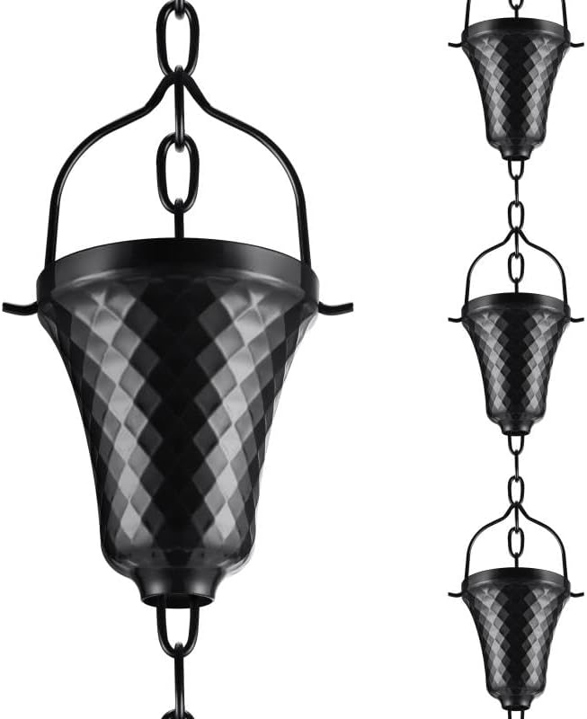 Rain Chains for Gutters Outside Black Powder Coated Downspouts Rain Catcher Diverter Metal Outdoor Decorative, 8.5 FT