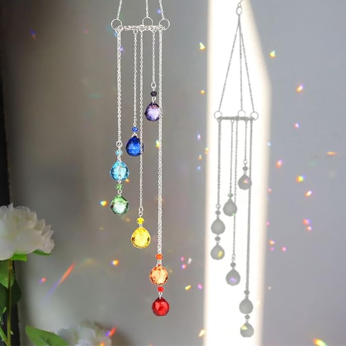Rainbow Suncatcher Crystal Sun Catcher Colorful Prisms Wind Chime Garden Suncatchers for Windows Hanging Crystals Sun Catchers Wind Chimes for Outside Stained Glass Window Hanging Decor Windchimes
