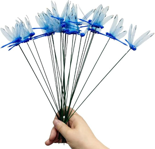 Garden Royal Blue Dragonfly Stakes with Sticks,25 pcs 3D Removable Fake Dragonfly,25 pcs 10" Waterproof Shaking Head Dragonflies Ornaments Garden Decor for Outside,Plant Decoration and House Warmings