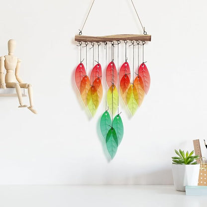CUTHOLLOW Leaves Glass Wind Chimes, 23" Stained Glass Chimes, Handmade Art Glass Windchimes for Outside, Garden, Patio, Balcony, Home, Yard, Best Gift for Xmas Birthday and Thanksgiving