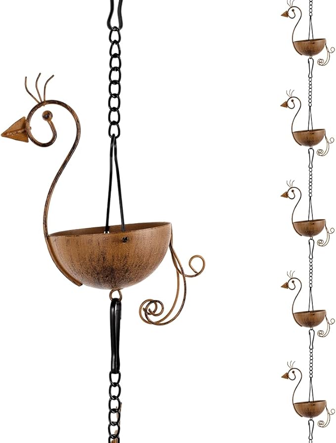 10.1ft Rain Chain for Outside, Rain Chain with 12 Peacock Cups, Adjustable Rain Catcher Chain for Outside, Replacement Downspout for Gutters, Eaves, Drainage