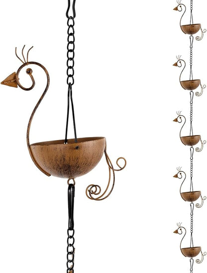 10.1ft Rain Chain for Outside, Rain Chain with 12 Peacock Cups, Adjustable Rain Catcher Chain for Outside, Replacement Downspout for Gutters, Eaves, Drainage
