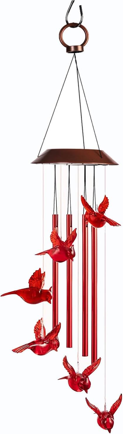 Cardinal Solar Wind Chimes for Outside, Solar Powered Chime Light, Cardinal Wind Chimes for Loss of Loved One,LED Windchimes Outdoor Cardinal Gifts for Home Garden Decor
