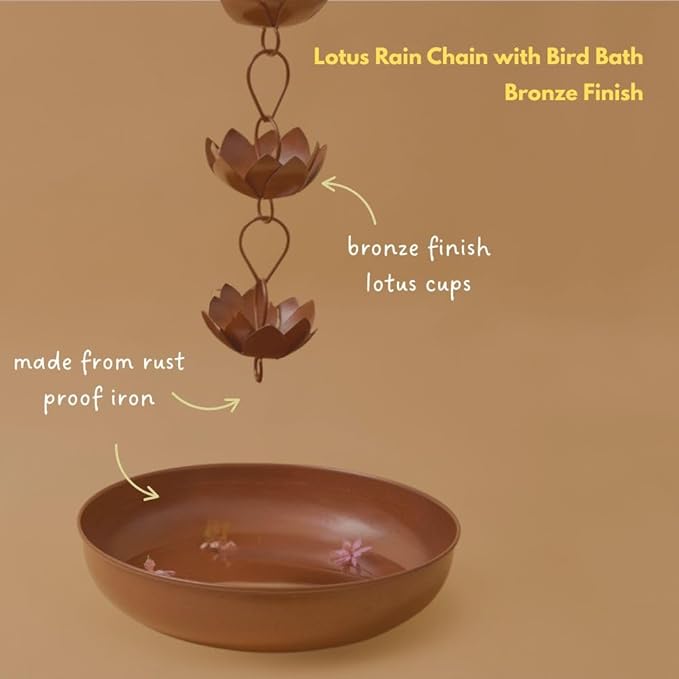 Gold & Garden Rain Chain with Bird Bath, Rain Chains for Gutters, Rain Chimes for Outside, Iron Lotus Rain Chain with Bronze Finish, Rust Proof Rain Chain, 5 feet Long, 12 Inch Wide Basin