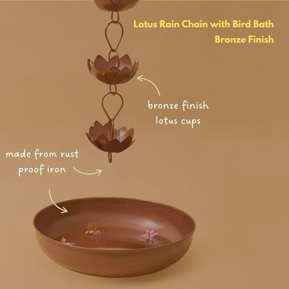 Gold & Garden Rain Chain with Bird Bath, Rain Chains for Gutters, Rain Chimes for Outside, Iron Lotus Rain Chain with Bronze Finish, Rust Proof Rain Chain, 5 feet Long, 12 Inch Wide Basin