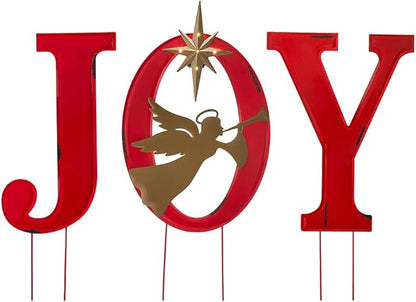 Glitzhome Lighted Joy Angel Garden Stakes, 36.02" H Metal Yard Stake Garden Ornaments Patio Decor Joy Standing Decor or Wall Décor Decorative Sign for Christmas Decorations