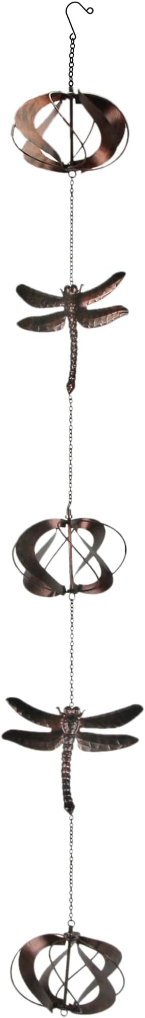 Copper Finish Metal Dragonfly Wind Spinner Rain Chain Kinetic Garden Sculpture Home Decor 66 Inches High