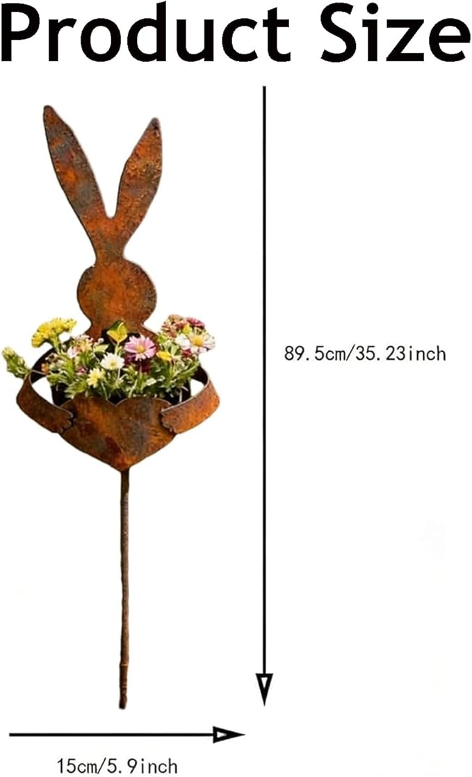 Vintage Metal Rabbit Shaped Planter Garden Stake, Rustic Patina Finish Bunny Decor for Outdoor Garden Yard, Decorative Stake for Small Flowers Succulents Spring Displays