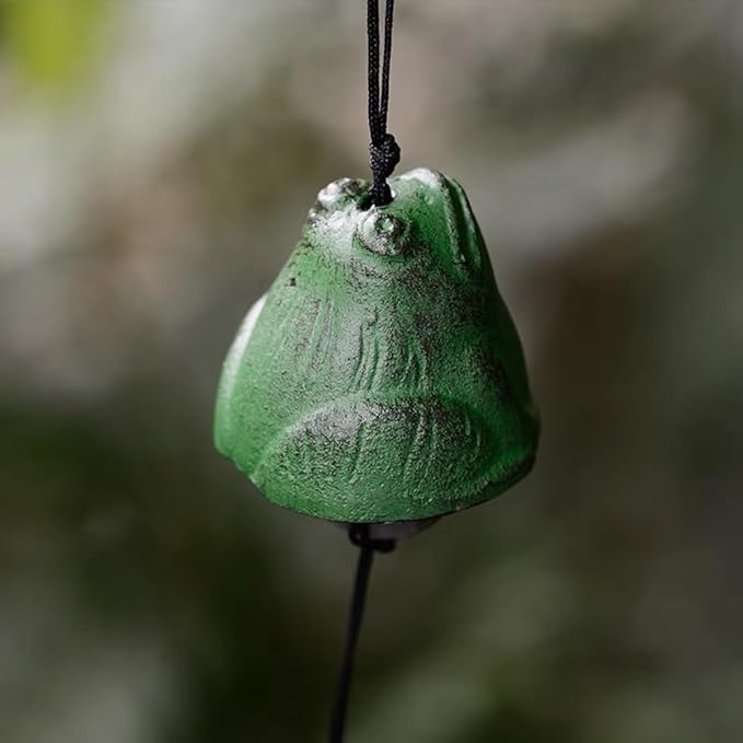Japanese Bless Small Wind Chimes Outdoor, Iwachu Cast Iron Lucky Temple Wind Bell Memorial Wind Chimes for Outside Good Luck for Garden, Patio, Balcony Green Frog