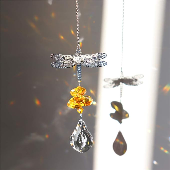 WEISIPU Crystal Suncatcher Prism - Dragonfly Suncatchers for Windows Hanging Rainbow Maker, Christmas Tree Decor, K9 Crystal Metal Ornament, Gifts for Christmas and Housewarming (Yellow)
