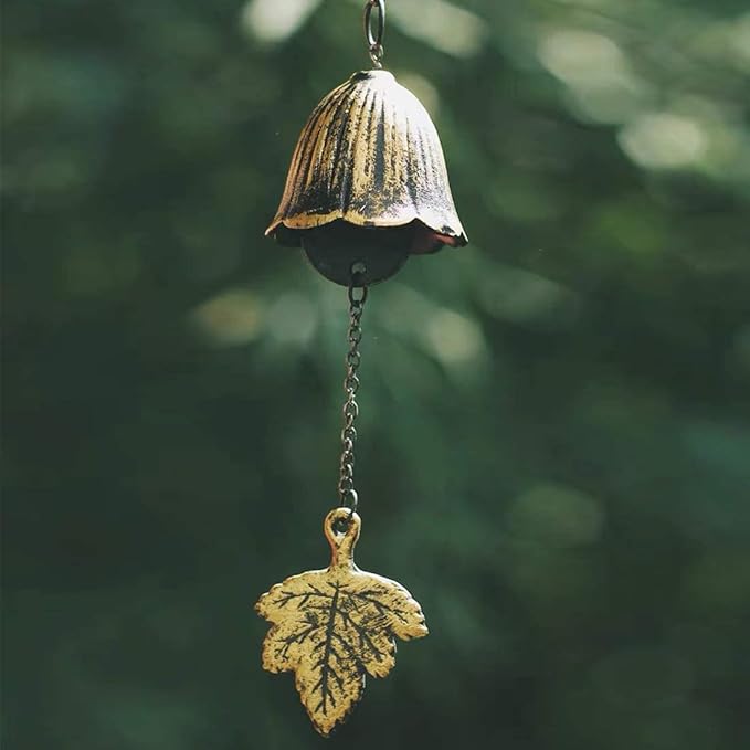 Japanese Traditional Lucky Small Wind Chimes for Outside, Iwachu Cast Iron Bless Temple Wind Bell Memorial and Sympathy Leaf Wind Chimes Indoor Garden Bell, Patio, Balcony (Maple Leaf)