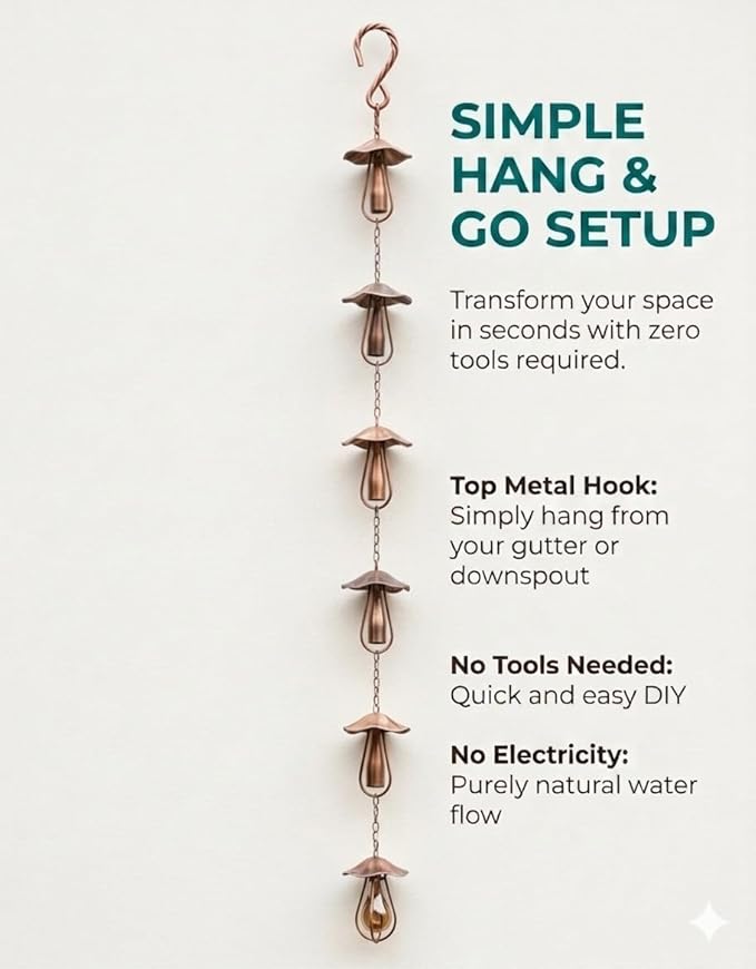 Vintage Iron Mushroom Rain Chain for Outside - Durable Metal Gutter Downspout Replacement with Colorful Glass Accents - Rustic Garden Decor and Wind Chime for Patio Porch