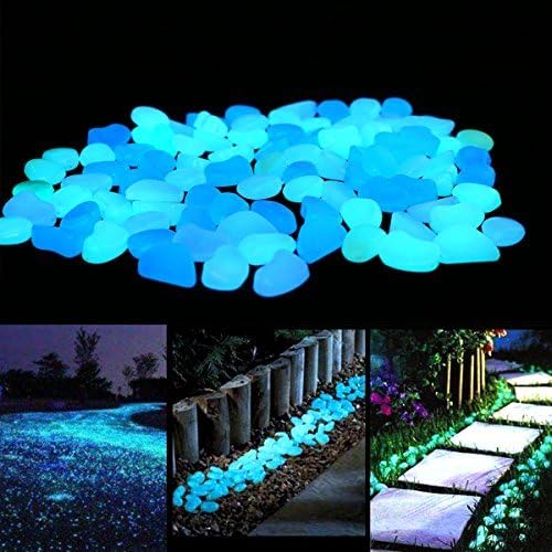Unime Glow in The Dark Garden Pebbles Stones for Yard and Walkways Decor, DIY Decorative Luminous Stones in Blue (100 PCS)