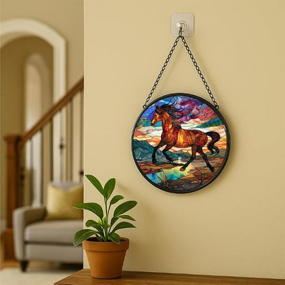 Stained Glass Window Hanging Running Horse 6.3in Sun Catchers Panel for Indoor Decorative Display for Mom Wife Lovers Festive