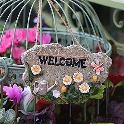 Garden Ornaments Outdoor 4PCS Garden Welcome Listing Card Resin Ornaments Balcony Wall Hanging Pendant Home Courtyard Outdoor Figurines Decoration Crafts Garden Ornaments