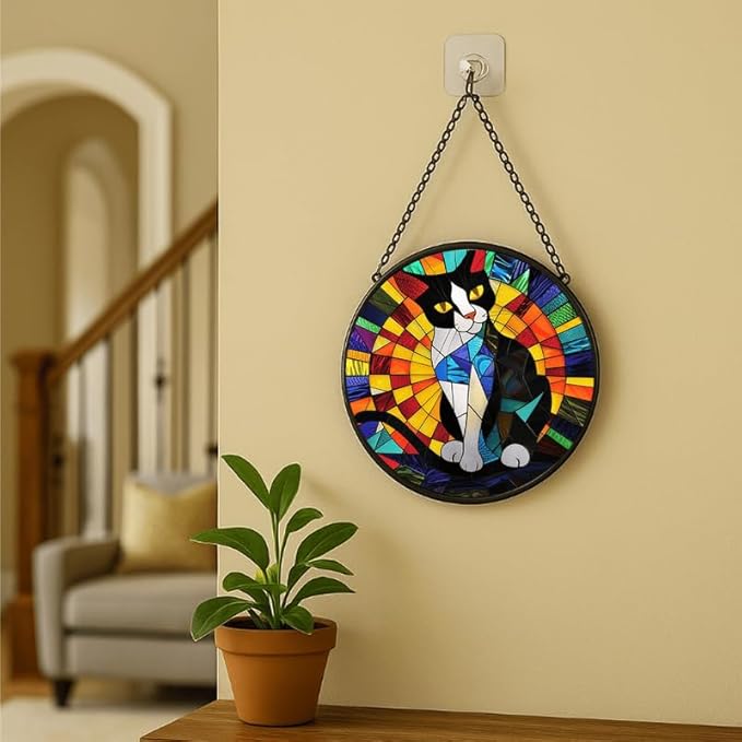 Stained Glass Window Hanging - Tuxedo Cat Rainbow Pattern 7.8in Sun Catchers Indoor Stained Glass Panels Wall Decor for Mom, Wife, Lovers, Festive