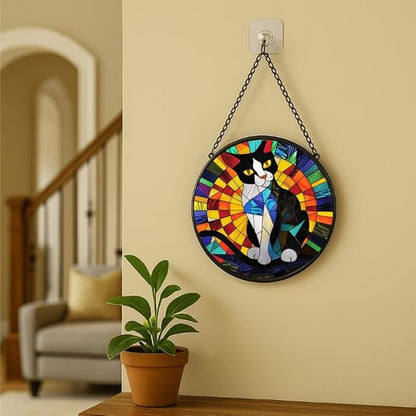 Stained Glass Window Hanging - Tuxedo Cat Rainbow Pattern 7.8in Sun Catchers Indoor Stained Glass Panels Wall Decor for Mom, Wife, Lovers, Festive