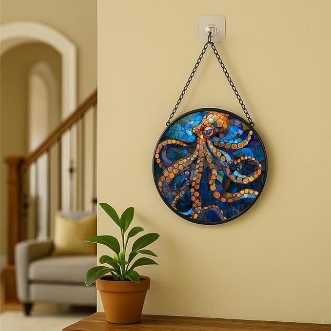 Stained Glass Window Hanging Octopus Theme， 7.8in Sun Catchers Panel for Indoor Decorative Display for Mom， Wife， Lovers， Festive
