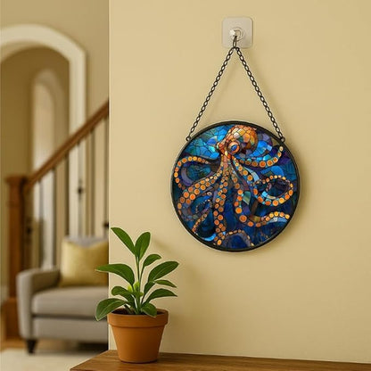 Stained Glass Window Hanging Octopus Theme， 7.8in Sun Catchers Panel for Indoor Decorative Display for Mom， Wife， Lovers， Festive