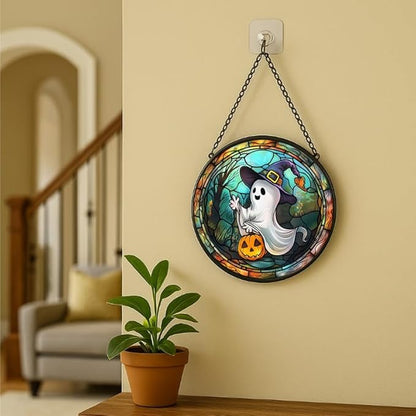 Stained Glass Window Hanging Halloween Ghost with Pumpkin 11.8in Sun Catchers Panel for Indoor Decorative Display for Mom Wife Lovers Festive