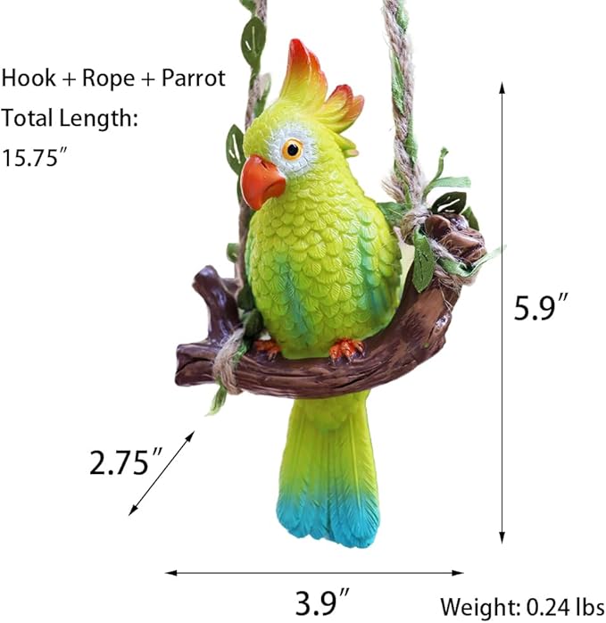 Hanging Resin Parrot Decor Tiki Bar Decorations Outdoor Tropical Yard Pool Decorations Indoor Hanging Bird Statue for Tree Plant Patio Garden Lawn Porch Balconies Decor(Green)