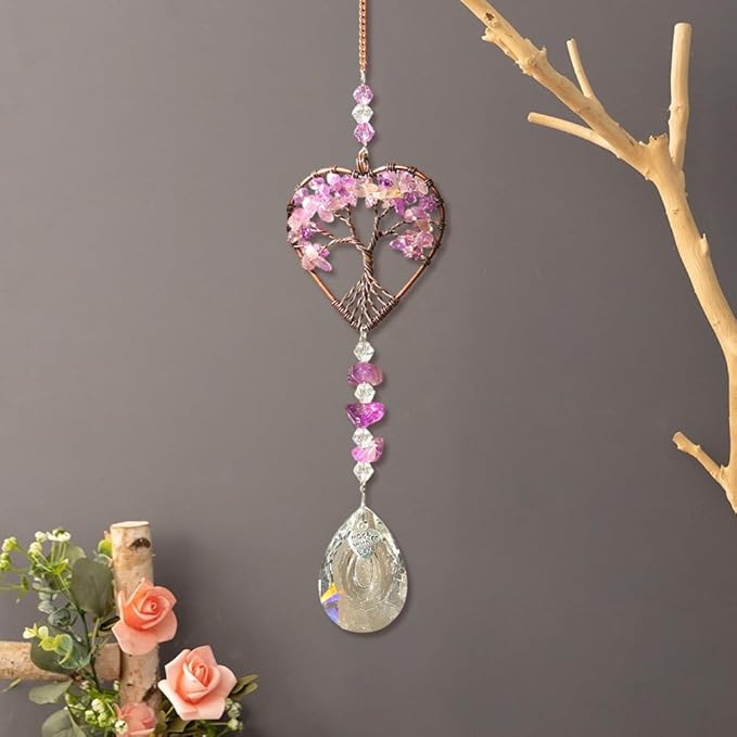 Suncatcher Window Hanging Tree of Life Heart Shaped Crystal Ball Prism Drop Ornament with Purple Rainbow Maker Pendant for Garden Home Decor Indoor Outdoor Windows 7in
