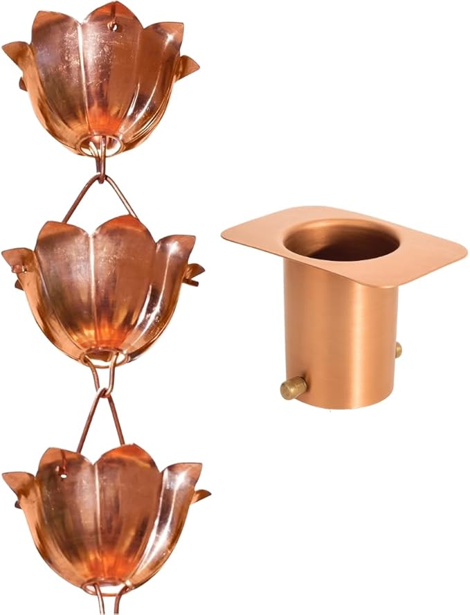 Monarch Rain Chains Pure Copper Lotus Rain Chain with Gutter Adapter, 8.5 ft Decorative Downspout Replacement & Copper Rain Chain Gutter Adapter