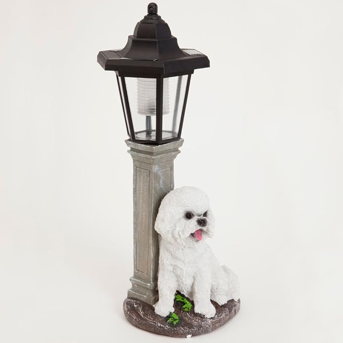 Bits and Pieces - Solar Dog Lantern-Solar Powered Garden Lantern - Resin Dog Sculpture with LED Light (Bichon) - 13.5" Tall