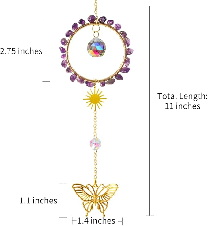 Natural Amethyst Crystal Suncatcher, Sun Catcher Hanging for Car, Butterfly Suncatchers for Windows，Spiritual, Rainbow Maker, Home Decor