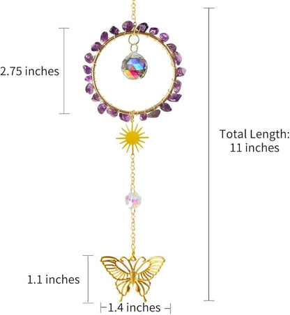 Natural Amethyst Crystal Suncatcher, Sun Catcher Hanging for Car, Butterfly Suncatchers for Windows，Spiritual, Rainbow Maker, Home Decor