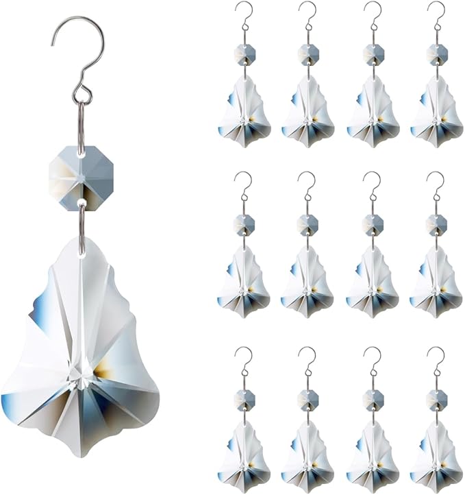 12pcs Crystal Prism Suncatchers, Hanging Crystals Chandelier Replacement for Windows, Christmas Trees Shape Rainbow Maker Home Decoration