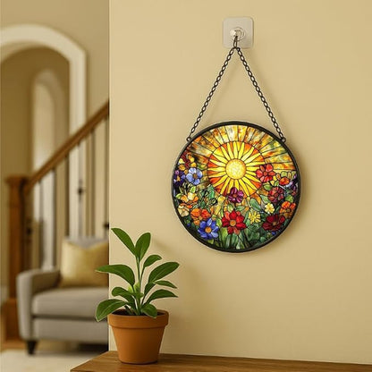 Stained Glass Window Hanging - Radiant Crystal Floral Sunburst 7.8in Sun Catchers Indoor Stained Glass Panels Wall Decor for Mom,Wife,Lovers,Festive