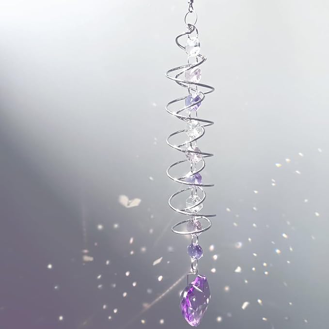 Big Heart Crystal Sun Catchers for Windows Hanging, Double-Spiral Design Gazing Ball Spiral Tail, Rainbow Maker Prism, Sun Catchers Indoor Window for Kitchen, Patio, Porch, Garden(Purple)