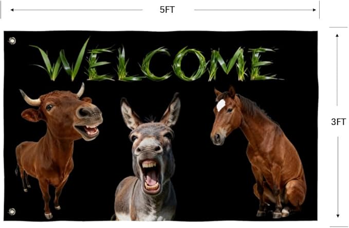 Farm Animals Welcome Flag 3X5FT, Farm House Flags, Horse Donkey Cattle eme Banner,Both Sides Printed, Men Women Banner,Vibrant Colors, Double Stitched with 2 Brass Grommets, Bar Garden Street Decoration, GYM, Office Decor,Indoor Outdoor Use,Gifts. (H-D...