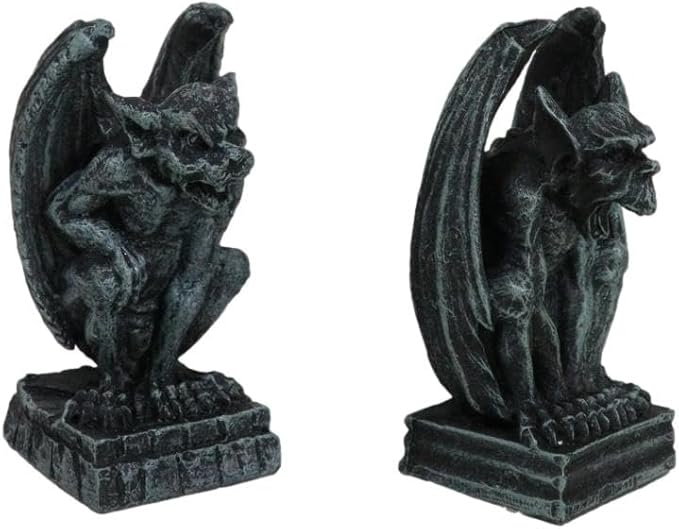 Ebros Gift Notre Dame Castle Top Guardian Mini Gargoyles Crouching On Stone Pedestals Resin Figurine Set of 2 Miniature Fairy Garden Gargoyle Sculpture Pair 2.5" Tall