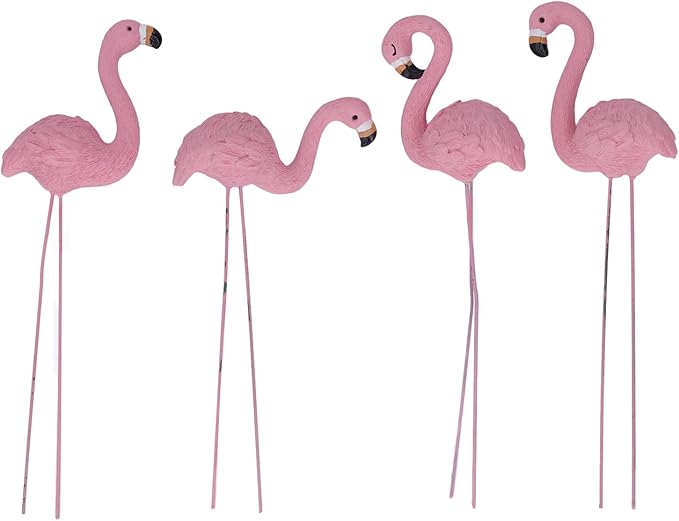4 Pcs Pink Flamingo Garden Statues, Fine Detailed Resin Flamingo Yard Decor with Iron Feet for Lawn Patio Decorations